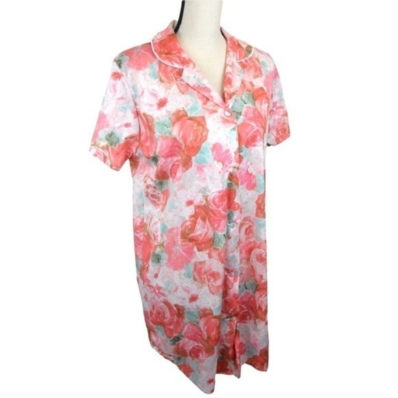 Vintage Rose Pattern Silky Button Down Night Sleep Shirt, Medium - Picture 8 of 8